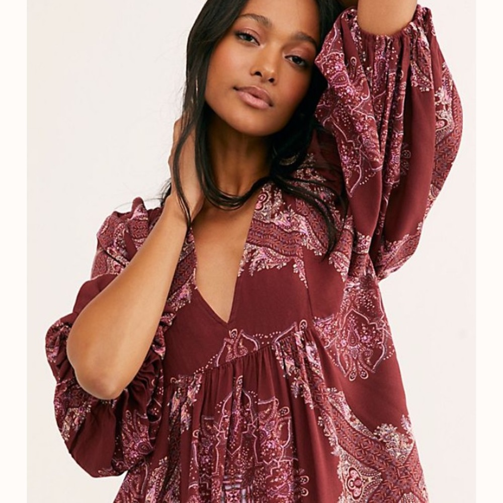 Free people girl talk tunic dress maroon paisley
